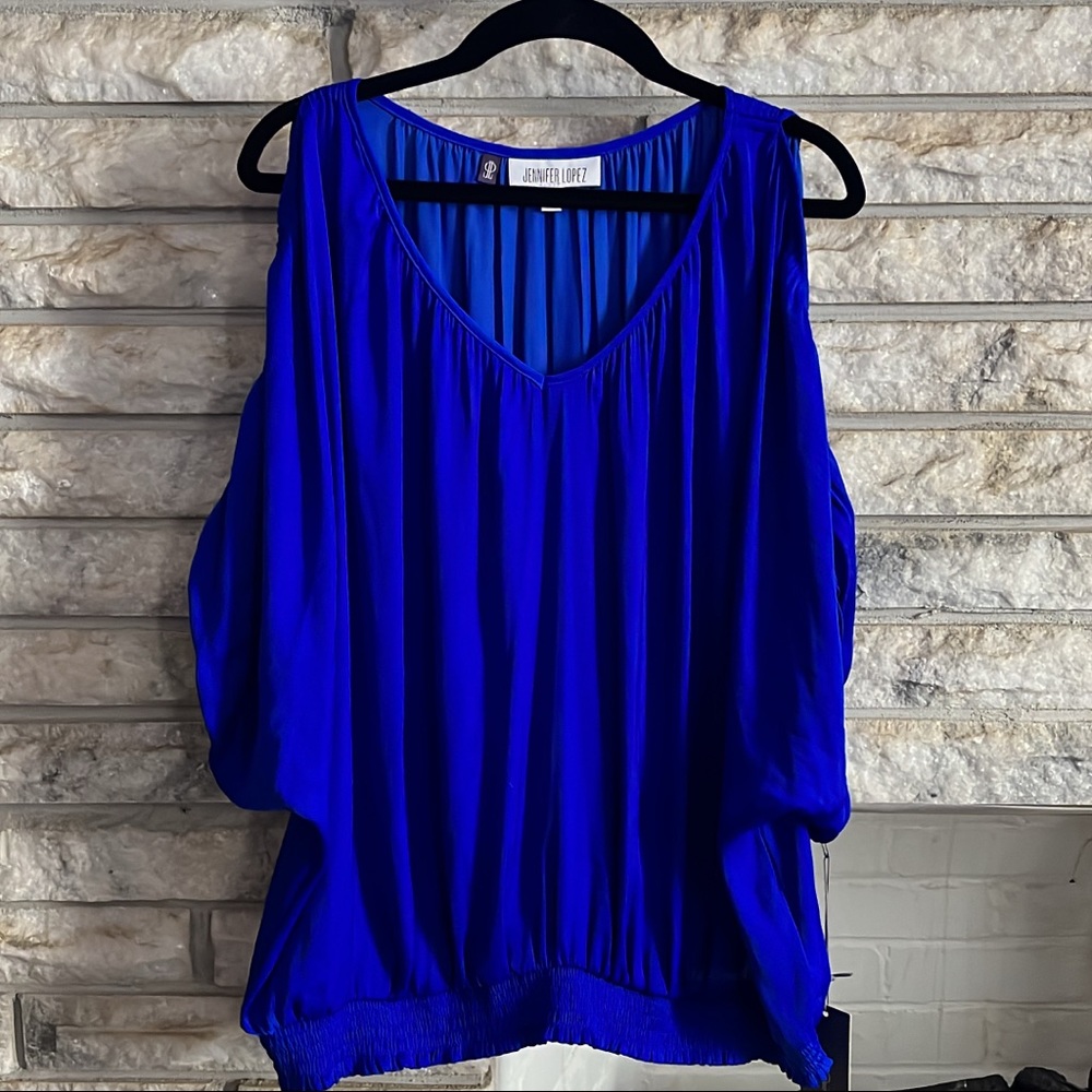 Jennifer Lopez Cold-
Shoulder Women’s Charmeuse Top- Hot Cobalt Blue
